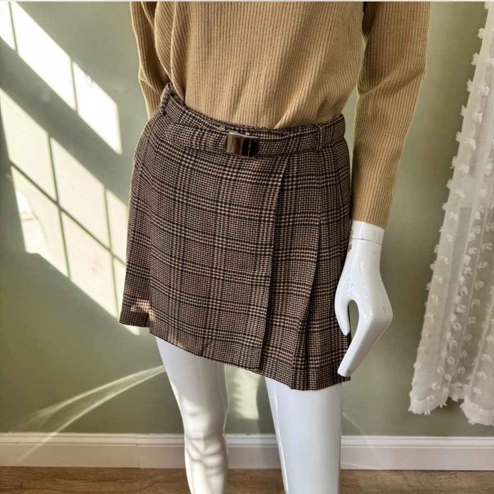 Vintage Impair‎ et Pair Houndstooth Plaid Pleated Mini Skirt w Belt - size 7